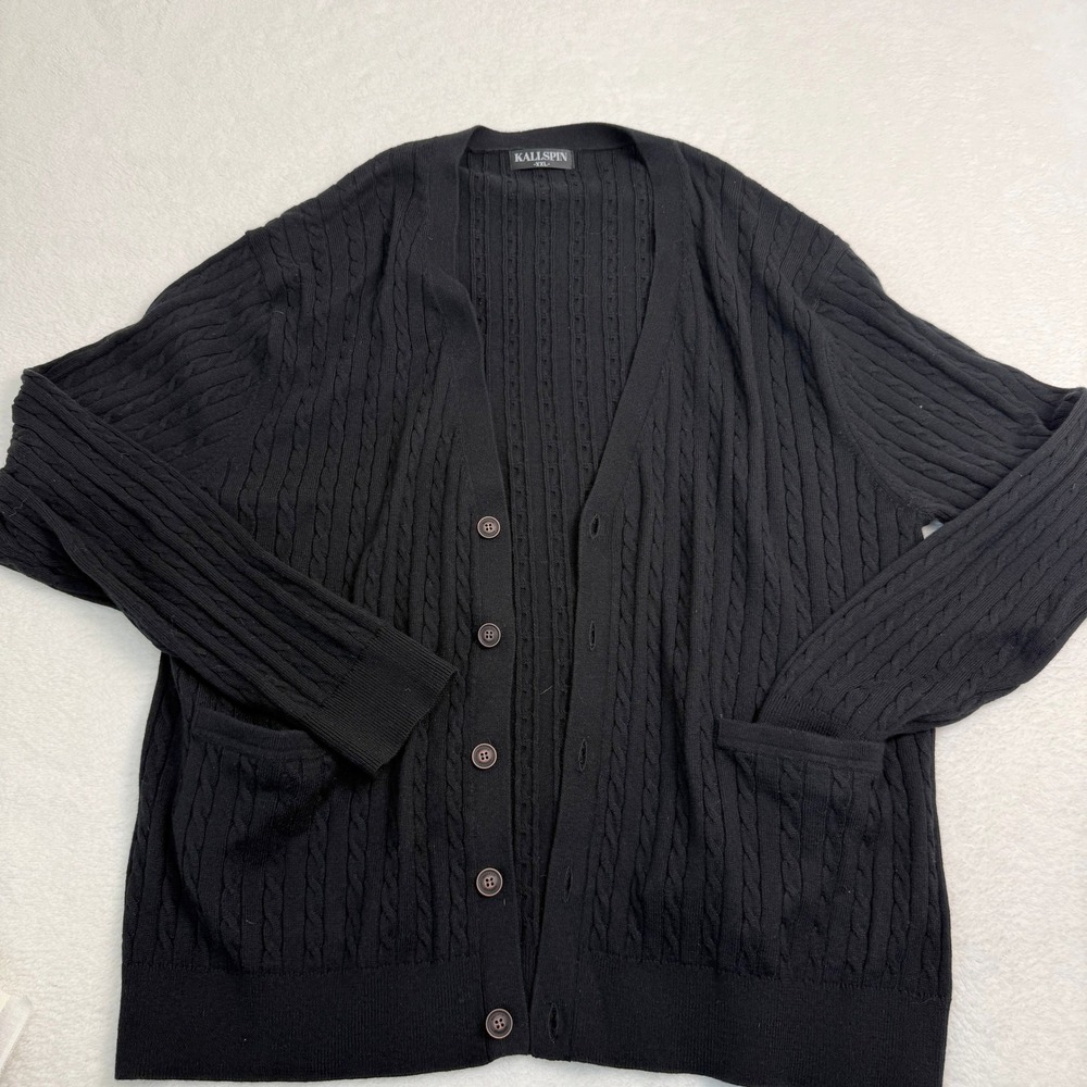 Kallspin Cardigan Sweater Men XXL Black Cable Knit Wool Cashmere Blend Button Up